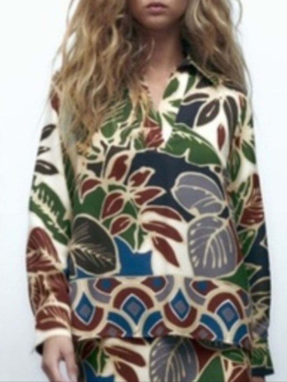 NWT Zara Abstract Tropical Print Relaxed Fit Long Sleeve Blouse Large